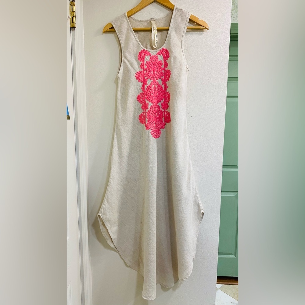 Uncle Frank Cream Linen Dress with Hot Pink Embroidery Small